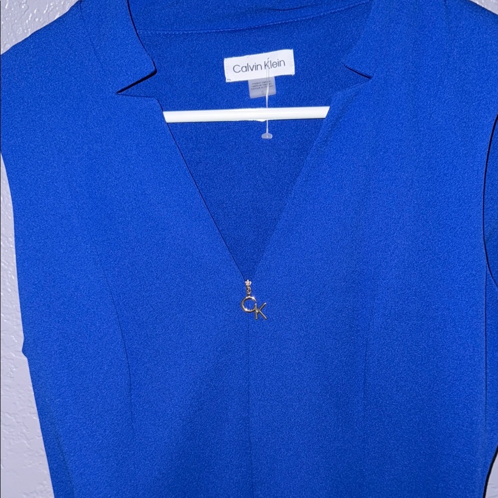 Calvin Klein Blue Sleeveless V-Neck A-Line Midi Dress - Picture 2 of 3